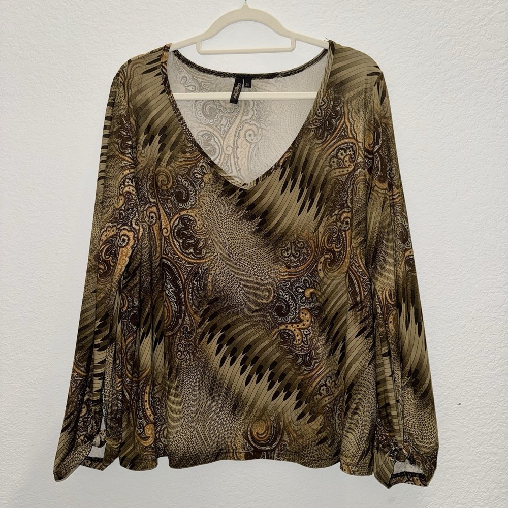 Olivia Paige Women 2X Paisley Blouse Whimsical Olive Brown Tie Knot Sleeves